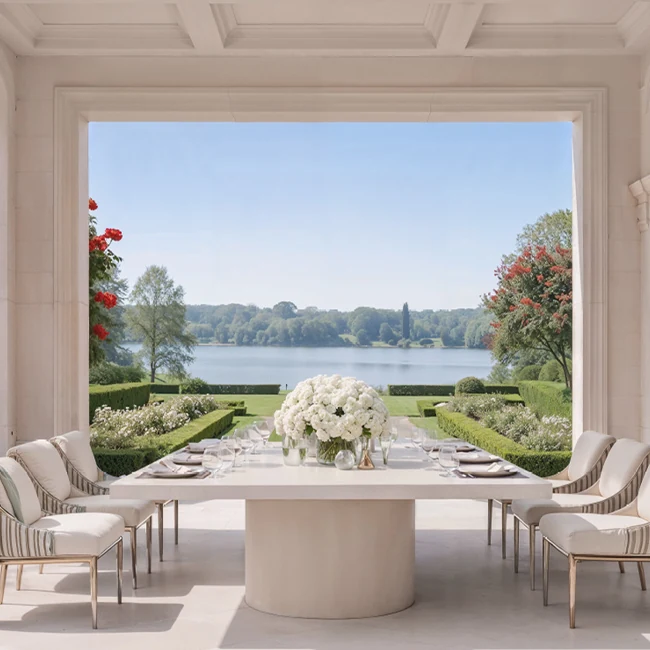 Open-air dining pavilion with stone arches looking out over a lake, Lodha Beaumont Estate render