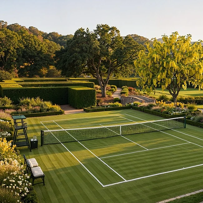 Grass tennis court in landscaped gardens with flowering yellow cassia trees, Lodha Beaumont Estate render