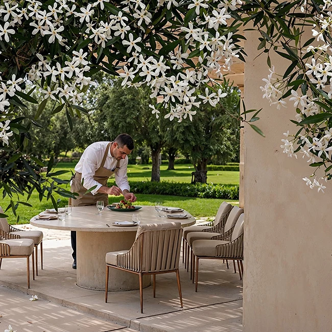 Chef plating food at an outdoor table under flowering jasmine, Lodha Beaumont Estate render