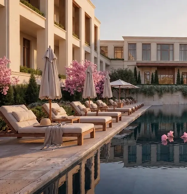 Infinity swimming pool lined with sun loungers and pink tabebuia trees, Lodha Beaumont Estate